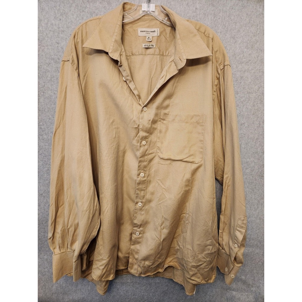 Pronto Uomo Dress Shirt Mens 18.5 34/35 Tan Made in Italy 100s 2 Ply Cotton‎